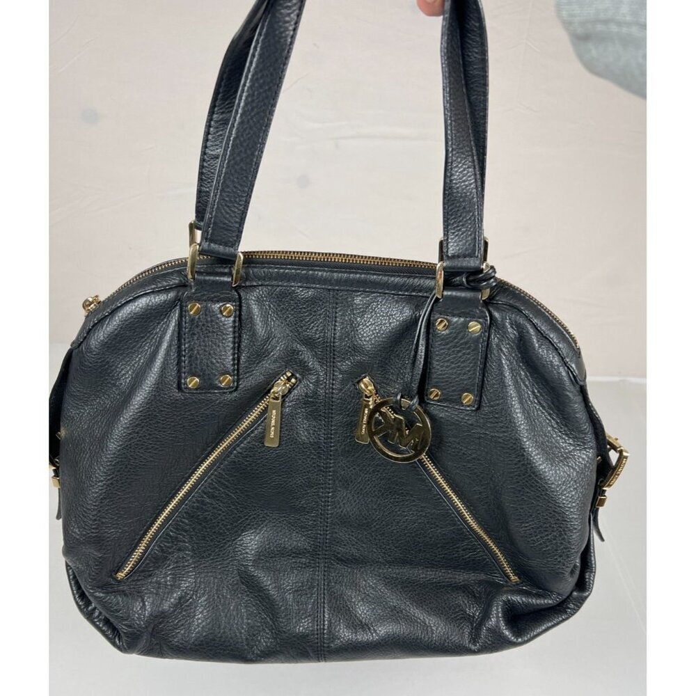 Michael Kors Women Black Pebbled Leather Gold Tone Hardware Satchel Shoulder Bag